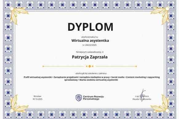 Dyplom ukończenia kursu na wirtualną asystentkę