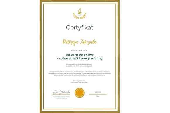 Dyplom ze szkolenia "Od zera do pracu online"